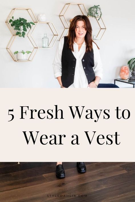 How to wear the hot trend a menswear vest #styledahlia #falltrends #fallfashion #over50style #styleover50 #vest #waistcoat Feminine Vest Outfit, Womens Suit Vest Outfit Casual, Vest With White Shirt Outfit, Fall Outfits With Vests Casual, Vest 2023 Trend, How To Style A Leather Vest, 2023 Vest Outfit, Womens Black Vest Outfit, Black Vest Work Outfit