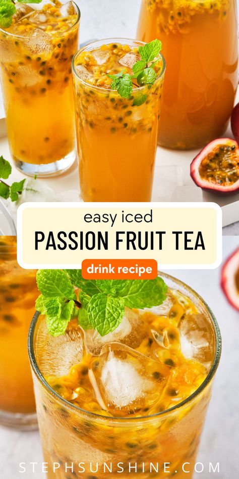 Glasses and a pitcher of passion fruit tea with ice cubes and mint, with the text "easy iced passion fruit tea drink recipe." Passion Fruit Iced Tea, Passion Fruit Recipes, Passion Fruit Green Tea, Fruit Iced Tea, Fruit Green Tea, Drink For Summer, Passion Fruit Tea, Tea Drink Recipes, Vegan Summer Recipes