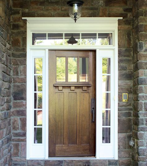 Tuscany 3LT Craftsman Style Door The Tuscany Collection, with sidelights and rectangular transom, brings a bold presence to your home with Mahogany wood. Also available without a drip cap, this square top door will make a statement and define the beauty of your home. Residential Front Doors, Tuscan Doors, Craftsman Style Doors, Painting Shutters, Single Door Design, Craftsman Door, Door Crafts, Wood Exterior Door, Prehung Doors