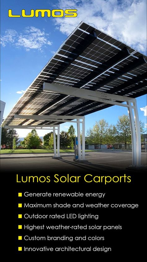 Lumos Solar Carport provides solar powered LED lighting and shade to students and visitors in the parking lot at the Okanagan College Campus in Canada. Solar Car Parking Design, Solar Panel Roof Design, Solar Structure, Solar Panels Architecture, Solar Parking, Solar Pergola, Solar Panels Design, Solar Energy Design, Solar Carport