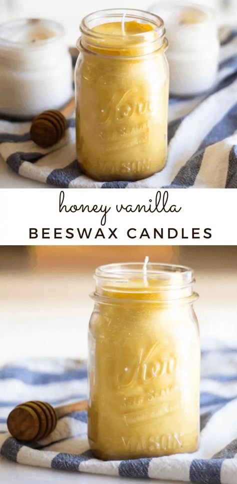 Easy Honey Vanilla Candle Recipe - Our Oily House Honey Vanilla Candle, Beeswax Candle Scents, How To Scent Beeswax Candles, Soy And Beeswax Candles Diy, Beeswax Melts Recipes, Beeswax Candle Making For Beginners, Diy Vanilla Candles, Beeswax Candle Recipe, How To Make Beeswax Candles