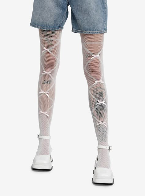 White Fishnet Thigh High Hosiery, Spring Fishnet Tights, Unique Tights, Fishnet Trend, Thigh High Fishnets, Pink Fishnets, Pink Tights, Wool Tights, Striped Tights