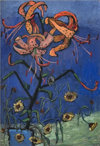 View Tiger lily. 1932 (1932) By Münter Gabriele; Oil on canvas; 70 x 50 cm. Framed 85 x 64 cm 1932 32 in; Signed; Edition. Access more artwork lots and estimated & realized auction prices on MutualArt. Gabriele Münter, German Expressionism, More Words, Botanical Drawings, Tiger Lily, Vincent Van Gogh, Female Artists, Van Gogh, Exhibitions