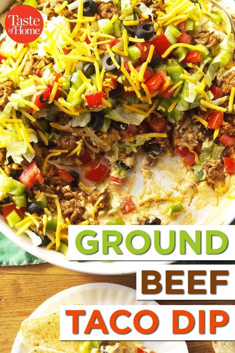 Beef Taco Dip, Ground Beef Taco Dip, Taco Dip With Meat, Superbowl Food Appetizers, Ground Beef Taco, Layered Taco Dip, Taco Dip Recipe, Beef Dip, Ground Beef Stroganoff