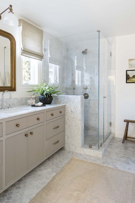 Guest Bathroom Ideas, Mindy Gayer Design, The Shade Store, Primary Bath, Cottage Renovation, Guest Bathrooms, Main Bathroom, Mosaic Flooring, Guest Bathroom