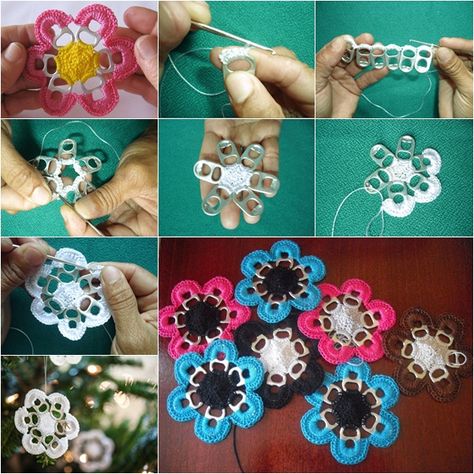 Crochet Tab Pop Ring Flower F11 Wonderful DIY Pretty Crochet Soda Tab Flower Pop Top Crafts, Lon Bia, Soda Tab Crafts, Can Tab Crafts, Pop Tab Crafts, Soda Can Crafts, Crochet Snowflake Pattern, Crochet Flowers Easy, Pop Tabs