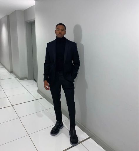 All Black Turtleneck Outfit Men Prom, Smart Black Outfit Men, Smart Casual Black Men Outfit, All Black Prom Outfit Men, Men Summer Fits, Formal Outfits Men, Boys Prom Outfit Ideas, Men Formal Outfit, Black Men Suits