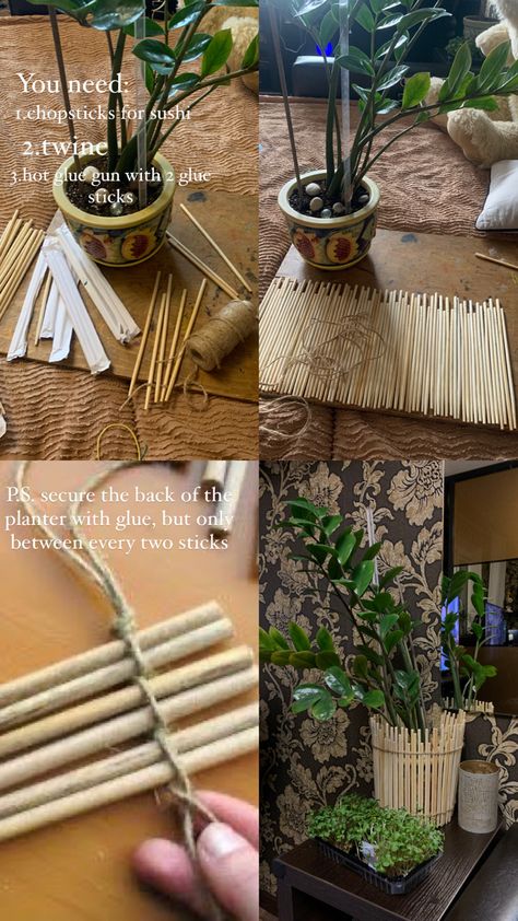 You need: • A lot of chopsticks for sushi or other bamboo sticks or wood sticks • Twine • Hot glue gun • 2 glue sticks for glue gun Handmade Pots, Diy Sushi, Handmade Pot, Wood Sticks, Nordic Interior, Glue Sticks, Boho Interior, Cozy Interior, Glue Gun