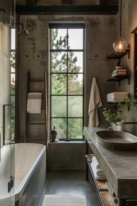 Warehouse Bathroom, Industrial Bath, Industrial Accessories, Japanese Industrial, Open Loft, Dark Tile, Loft Bathroom, Shiplap Fireplace, Glass Shower Enclosures