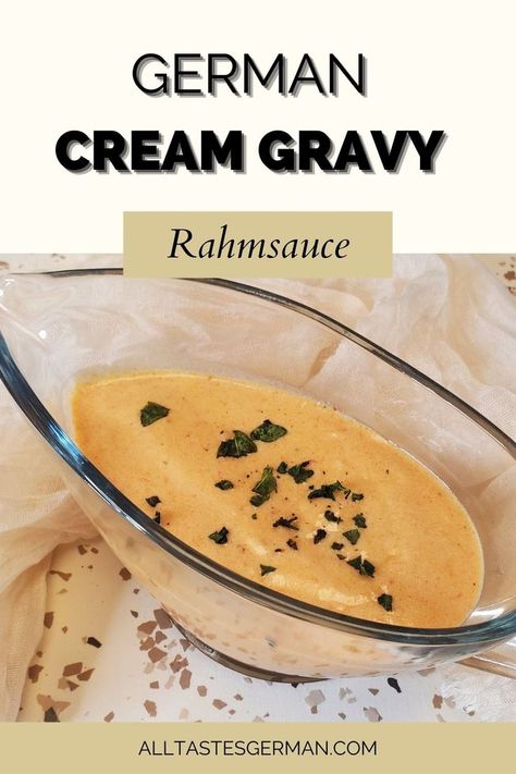 German rahm sauce aka cream sauce in a serving dish. Gravy For Spaetzle, Spatzle Sauce Recipe, Gravy For Schnitzel, Sauce For Pork Schnitzel, Schnitzel Sauce Recipe, Spatzle Sauce, Pork Schnitzel Gravy, German Pork Tenderloin Recipes, German Gravy Recipes