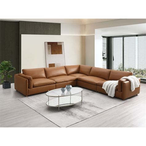 ACME Brighton Contemporary Top Grain Leather Upholstered Sectional Sofa in Tan - Walmart.com Brown Sectional Sofa, Nailhead Trim Sofa, Tan Leather Sofa, Top Grain Leather Sectional, Brown Ottoman, Tan Sofa, Brown Sectional, Furniture Sofa Set, Sofa Lounge