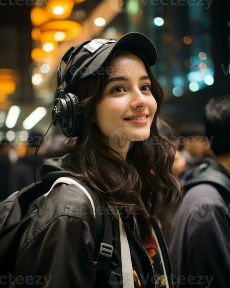 a woman wearing headphones and a baseball cap generative ai Headphones With Outfit, Women In Caps Outfit, Headphones Over Hat, Person With Headphones Reference, Women With Headphones, Wearing Headphones Aesthetic, Headphones Photoshoot, Girl Wearing Cap, Woman Wearing Headphones