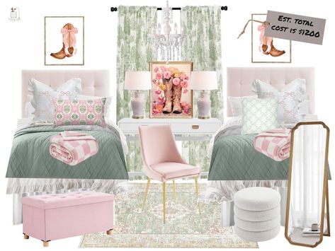 StockThisDesignThat - Etsy Love Shack Fancy Dorm, Green And Pink Dorm Room, Pink And Green Apartment, Pink And Green Dorm Room, Loveshackfancy Bedroom, Zimmer Design, Transitional Bedroom Design, Dorm Room Checklist, Green Room Decor