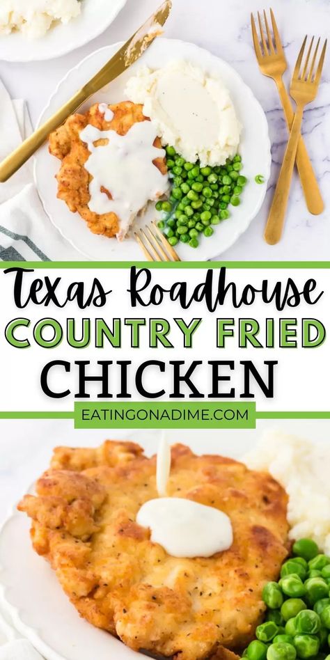 Have you ever had the Country Fried Chicken at Texas Roadhouse? It’s amazing and easy to make at home with this easy copycat recipe. You’ll love this simple copycat Southern Country Fried Chicken recipe. #eatingonadime #copycatrecipes #chickenrecipes #southernrecipes All Day Recipes Dinners, Baked Country Fried Chicken, Easy Country Fried Chicken, Easy Chicken Fried Chicken Recipe, Air Fried Chicken Fried Chicken, Southern Chicken Fried Chicken, Home Cooked Southern Meals, Chicken With Buttermilk Recipes, How To Make Chicken Fried Chicken