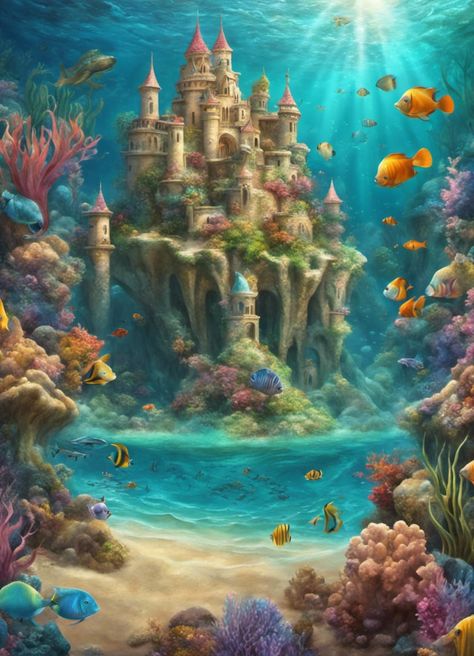 Fantasy lockscreen art of a magical sandcastle under the sea Fantasy Lockscreen, Castle Under The Sea, Under The Sea Aesthetic, Minecraft Terraforming, Sea Murals, Fantasy Romance Art, Mc Builds, Hot Air Balloons Art, Maxence Danet