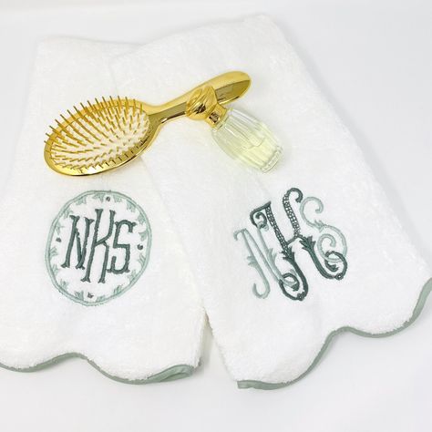 Left: Terry Hand Towel with scallop and Annabelle monogram Right: Terry Hang Towel with scallop and Jenna monogram Monogrammed Guest Towels, Golf Shoe Bag, Monogrammed Baby Bath Towels, Shower Curtain Monogram, Fairy Pouch, Embroidered Bath Towels For Kids, Monogrammed Hand Towels, Linen Guest Towels, Triangle Bag