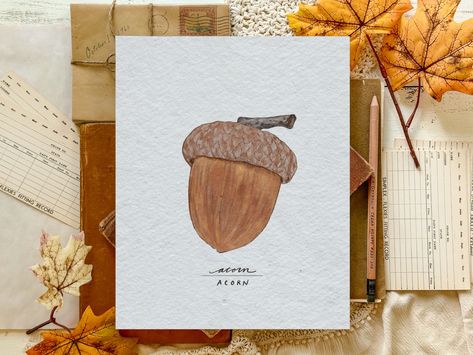 “The creation of a thousand forests is in one acorn.” 🌰🌳 - Ralph Waldo Emerson I painted this acorn poster for the “From Acorn to Oak Tree” Unit Study. Such a simple piece to enjoy in your home this fall!🍂 Acorn Aesthetic, Tree Unit Study, Acorn Watercolor, Simple Fall Paintings, Oak Tree Painting, Acorn Drawing, Tree Unit, Watercolor Tags, Thanksgiving Watercolor