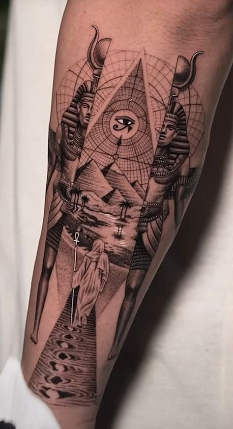 Egyptian Tattoo Designs Symbols, Egypt Leg Tattoo, Eypgt Art Tattoo, Mens Egyptian Tattoo, Kemet Tattoos, Ancient Aliens Tattoo, Egyptian Fine Line Tattoo, Ancient Egypt Tattoo Sleeve, Egpty Gods Tattoo