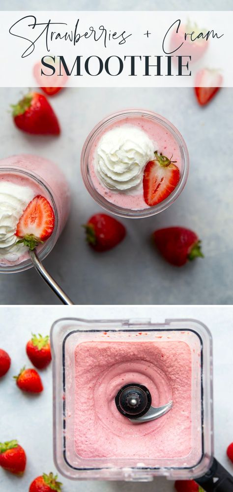 Bursting with sweet strawberry flavor and perfectly creamy, this strawberries and cream smoothie only needs 6 ingredients and blends together in 5 minutes! Fruit Smoothie With Ice Cream, Strawberry Milkshake Smoothie, Strawberry And Cream Smoothie, Creamy Strawberry Smoothie, Best Strawberry Smoothie Recipe, Creamy Smoothie Recipes, Strawberry Cream Smoothie, Strawberry Oat Smoothie, Strawberries And Cream Smoothie