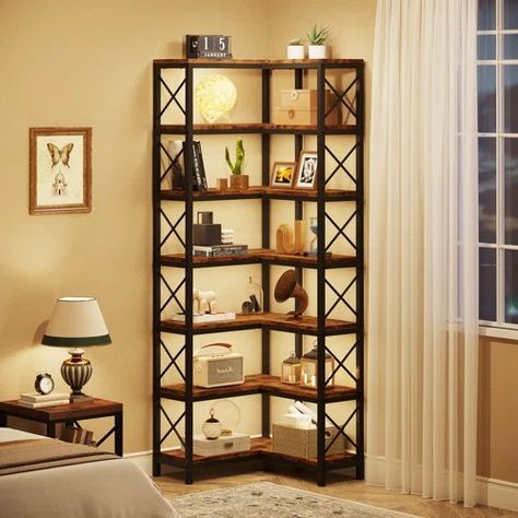 Ebern Designs Nyajiah 64.96" H x 23.62" W Corner Bookcase | Wayfair Small Seating Area, Corner Bookshelf, Tall Bookshelves, Industrial Bookcases, Corner Bookshelves, Guest Room Ideas, Open Bookcase, Corner Storage, Living Room Home Office