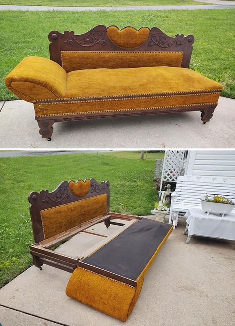 Thrift Store Score!! Found This Fainting Sofa With Fold Out Bed Diy Couch Makeover, Hide A Bed Couch, Antique Style Sofa, Fold Out Bed, Antique Couch, Couch Makeover, Fold Down Beds, Diy Furniture Upholstery, Diy Sofa Bed