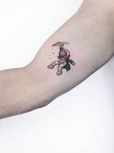 Funny Small Tattoos For Guys, Small Color Tattoo For Men, Simple Astronaut Tattoo, Small Space Tattoos, Popular Tattoos For Guys, Simple Funny Tattoos, Cool Mens Tattoos, Color Tattoo For Men, Wrist Tattoo Men