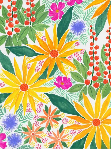 Flowers Pattern Illustration, Summer Paintings On Canvas, Easy Floral Painting, Bright Summer Flowers, Yellow Flowers Painting, Summer Paintings, Paintings On Paper, Flowers Color, Summer Painting