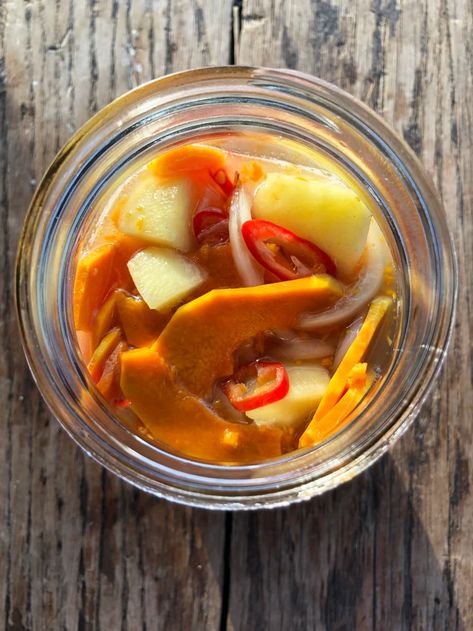 Fermented vegetables in a jar. Fermented Squash, Spicy California Roll, Lacto Fermented, Fermented Pickles, Candy Cane Cookies, Creamy Tomato Soup, Honeycrisp Apples, Winter Squash, Peanut Free