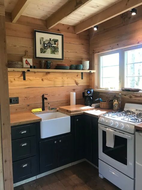 Tiny Cabin Renovation, Tiny Cabin Living Room Ideas, Hunting Camp Ideas Cabin Kitchen, Small Cabin Airbnb, 16x30 Shed House Interior, Log Cabin Airbnb Ideas, Small Cabin Renovation, Cabin Yard Ideas, Camp Cabin Interior