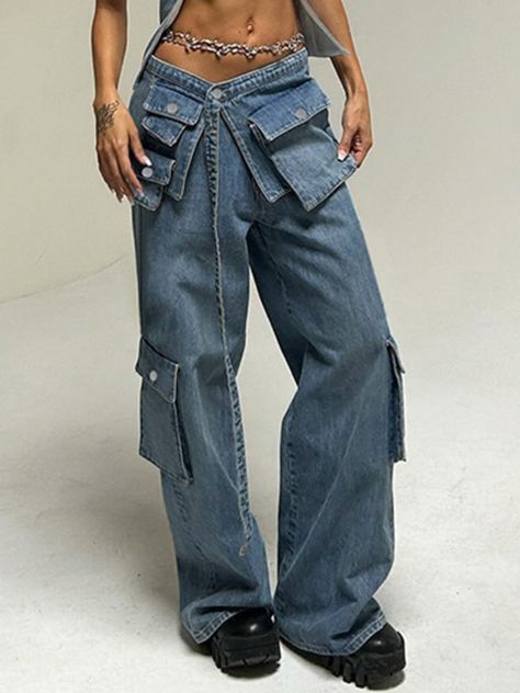 TARUXY Bandage High Waisted Baggy Jeans Women Blue Pockets Lace Up Cargo Pants Woman Street Casual Oversized Denim Pant Femme Cargo Pants Woman, Baggy Jeans Women, High Waisted Baggy Jeans, Denim Style Casual, Vintage Flannel Shirt, Pants Woman, Hip Hop Jeans, Denim Decor, 2000s Outfits