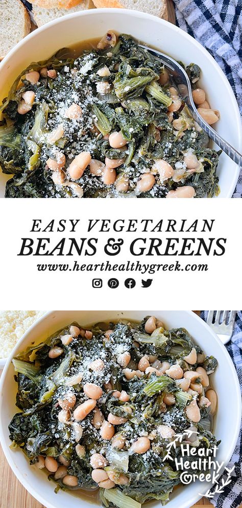 Easy Vegetarian Greens and Beans Collards And White Beans, Leafy Green Vegetables Recipes, Vegetarian Greens, Healing Meals, Healthy Greek Recipes, Green Vegetable Recipes, Greens And Beans, Veggie Entrees, Easy Bean Recipes