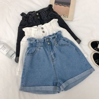 Old School Fashion, Summer Shorts Denim, Elastic Waist Jeans, Female Shorts, Moda Jeans, Elastic Shorts, Summer Denim, Elastic Waist Shorts, High Waisted Shorts Denim