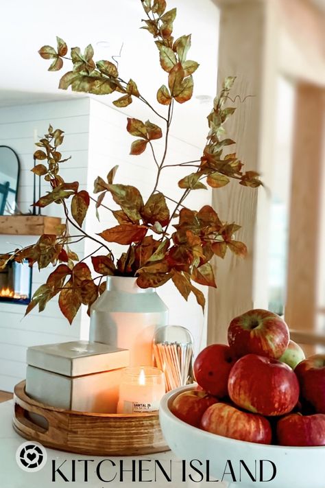 https://liketk.it/4jwfH Thanksgiving Countertop Decor, How To Display Fruit On Counter, Display Fruit On Counter, Fall Island Decor, Fall Kitchen Island Decor, Island Styling, Match Cloche, Grape Ivy, Fall Floral Stems