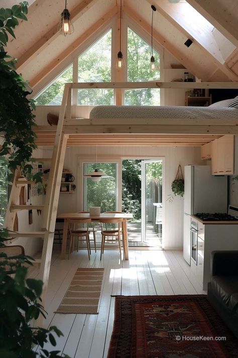 Step into the Split Roof Tiny Cabin, a unique Scandinavian retreat that will amaze you. With its stunning design and cozy interior, this tiny house is the perfect place to escape from the world and relax. Click the article for more ideas! Scandinavian Tiny House, Scandinavian Cabin, Small Wooden House, Tiny House Interior Design, Tiny House Loft, House Loft, Tiny House Inspiration, Sleeping Loft, Loft House