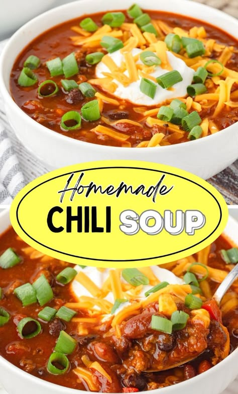 Get the best of both worlds with this homemade chili soup—the perfect combo of a hearty chili and a comforting soup! Packed with ground beef, beans, and flavorful spices, this easy chili soup is the ultimate one-pot meal. Great for chilly nights or family dinners, it's a delicious, warming dish everyone will love. Top it with your favorites for an extra kick! Sweet Chili Soup, Chili Beef Soup, Sweet Chili Soup Recipe, Chilli Soup Recipe Beef, Leftover Meatloaf Chili, Chili Bean Soup Recipe, Chilli With Noodles, Chili Soup With Noodles, Best Chili Soup Recipe