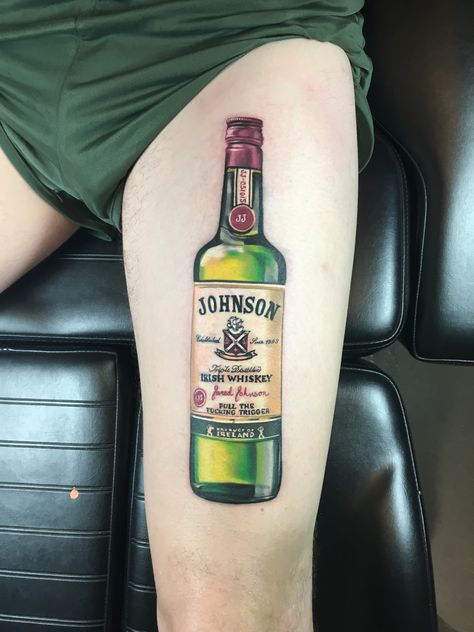 Realistic Jameson liquor bottle tattoo by Monte Livingston with Living Art Gallery Tattoo Lounge in San Clemente, CA. @livingartgallery Jameson Tattoo Whiskey, Jameson Bottle Tattoo, Liquor Bottle Tattoo, Jameson Tattoo, Whiskey Bottle Tattoo, Liquor Tattoo, Tattoo Claims, Jameson Bottle, Jj Johnson