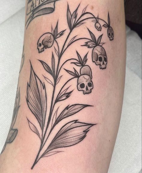 Skull Vines Tattoo, Strawberry Skull Tattoo, Whimsical Goth Tattoo, Black And Grey Moth Tattoo, Skull Plant Tattoo, Jawbone Tattoo, Spooky Flower Tattoo, Andy Tattoo, Skull Flower Tattoo