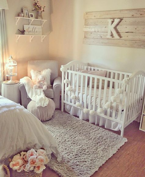 Girl Nursery - Neutral - Rustic - Cottage - Farmhouse Girl Nursery Neutral, Chic Baby Girl Nursery, Rustic Baby Girl Nursery, Nursery Side Table, Rustic Girl Nursery, Cottage Nursery, Vintage Kids Room, Farmhouse Nursery