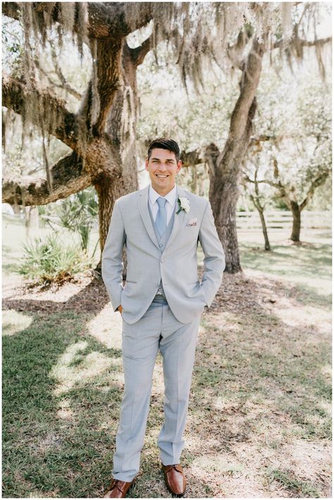 Light Grey Suit With Dusty Blue Tie, Gray Suits For Men Wedding Dusty Blue, Light Grey Groomsmen Attire, French Blue Wedding Groomsmen, Tan Suit Light Blue Tie, Gray And Dusty Blue Groomsmen, Dusty Blue Groom Attire, Mens Dusty Blue Wedding Attire, Groom In Gray Suit