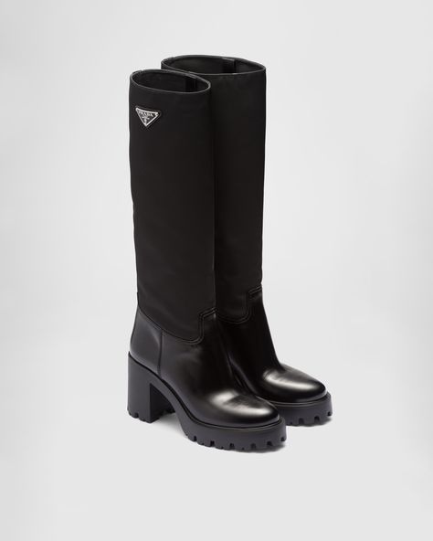 Black Leather And Re-nylon Boots | PRADA Boots Prada, Prada Boots, Luxury Boots, Leather Knee Boots, Lug Sole Boots, Girly Shoes, Prada Leather, Black Boots Women, Triangle Logo