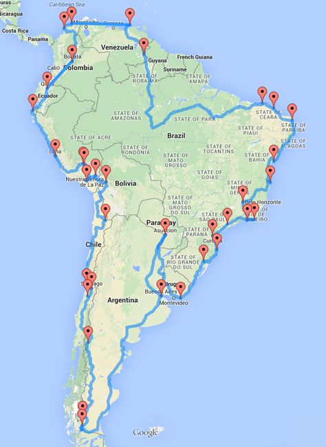 By popular request, I’ve created another follow-up to my posts about computing optimal road trips across the U.S. and Europe. This time, I made an optimal road trip around South America. If y… Backpacking South America, Road Trip Map, American Continent, Trip Essentials, Travel Route, American Travel, Travel South, South America Travel, Travel List