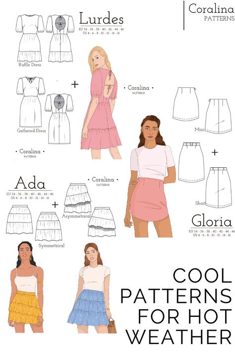 Spring Sewing Patterns, Ruffled Dress Pattern, Kimono Sewing Pattern, Summer Sewing Patterns, Kimono Sleeve Dress, Simple Dress Pattern, Spring Capsule Wardrobe, Summer Capsule Wardrobe, Skirt Patterns Sewing