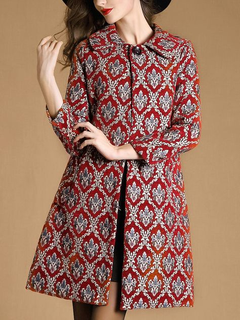 Cheap Red Lapel Long Sleeve Jacquard Pockets Coat for sale Australia | SHEIN Courreges Dress, Red Winter Coat, Iranian Women Fashion, Design Moda, Ladies Blouse Designs, Coat Pocket, Batik Dress, Long Sleeves Coats, Jacquard Weave