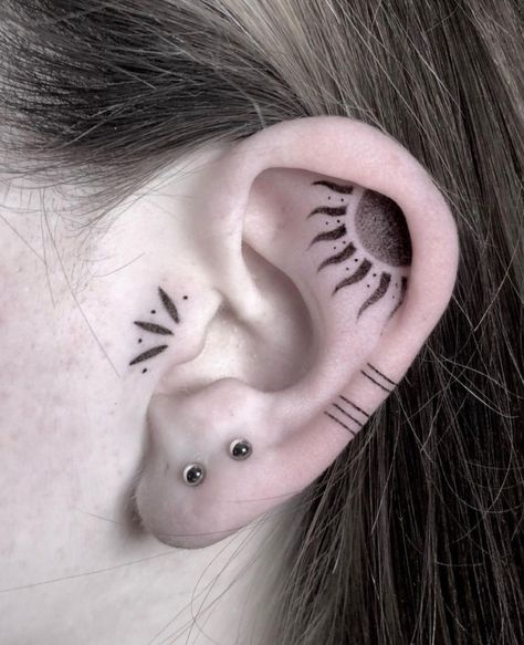 #eartattoo Arrow Ear Tattoo, Tattoo By The Ear, Tattoos On Ears For Women, Woman Ear Tattoo, Moon And Sun Ear Tattoo, Womens Ear Tattoos, Tattoo In Ear Ideas, Nature Ear Tattoo, Unique Ear Tattoos