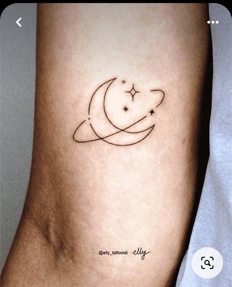 Tattoo Designs Moon And Stars, Moon And Universe Tattoo, Tattoo Ideas To The Moon And Back, Saturn And The Moon Tattoo, Small Galaxy Tattoo Ideas, Moon Universe Tattoo, Moon And Saturn Tattoo Minimalist, Small Moon And Stars Tattoos For Women, Moon And Shooting Star Tattoo