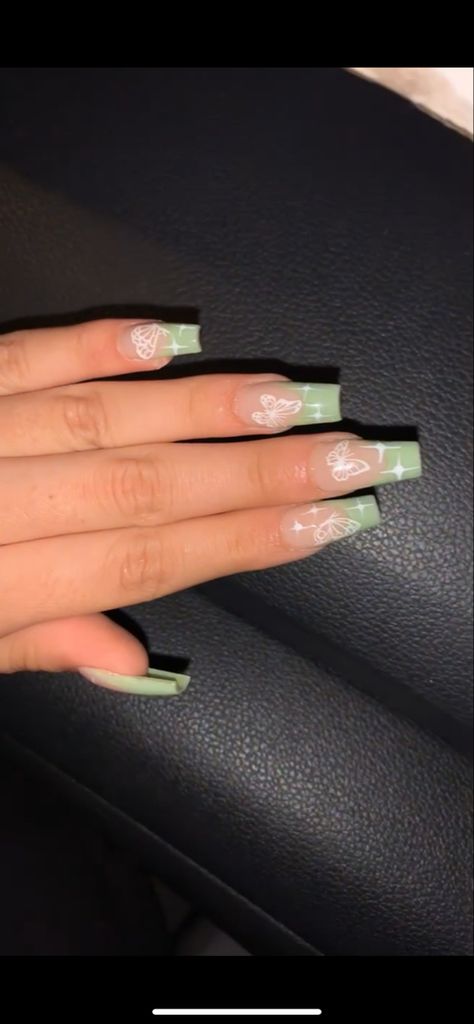 Green Nails For Graduation, Green Coffin Short Nails, Birthday Nails Inspo Green, Sage Green And White Acrylic Nails, Cute Nails Acrylic Sage Green, Save Green Nails Acrylic, Green Baddie Nails Short, Green Nails Butterflies, Light Green Nail Inspo Acrylic