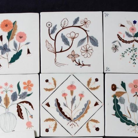 Flora Waycott on Instagram: "Last year I made this collection of hand painted ceramic tiles with the help of my dear friend @winterwares , who kindly spent her day off giving me some much needed tile making guidance and making me lots of tea 🤍✨ I have been a little unsure as to what to do with these tiles - I wanted to sell them separately as decorative pieces of art but now I feel like they belong together as a collection and should stay together? So I think I will keep these for myself, to decorate in my home. Maybe I’ll make more? or fewer pieces in a collection? I’ll be making some small batches of hand painted ceramics (and perhaps more tiles) this year to sell online so please sign up to my newsletter if you would like to be notified ✨🌿" Flora Waycott, Ceramic Tile Crafts, Tile Making, Tile Painting, Painted Ceramics, Painting Ceramic Tiles, Tile Crafts, Hand Painted Tiles, My Dear Friend