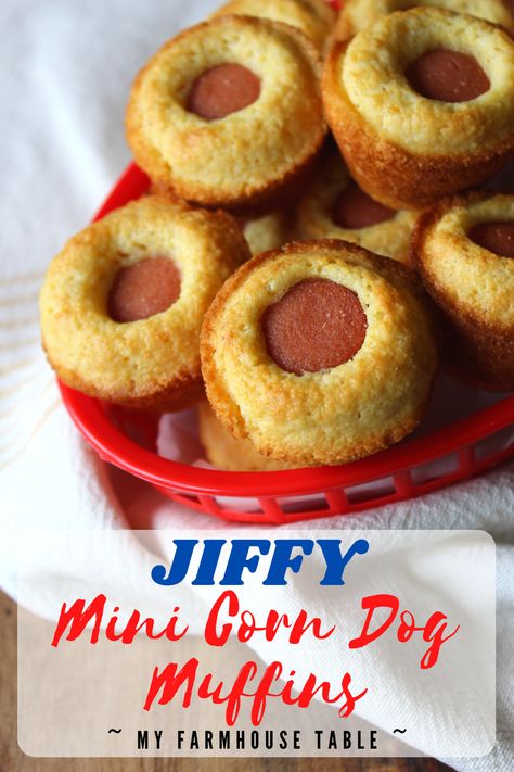 JIFFY Mini Corn Dog Muffins - My Farmhouse Table Jiffy Cornbread Recipes With Hotdogs, Corn Dog Muffins Easy, Essen, Cornbread And Hotdogs Mini Muffins, Cornbread Hot Dogs Mini Muffins, Jiffy Corn Dog Muffins, Jiffy Corn Muffin Mix Hot Dogs, Jiffy Cornbread Hot Dogs, Mini Corn Dogs Muffins