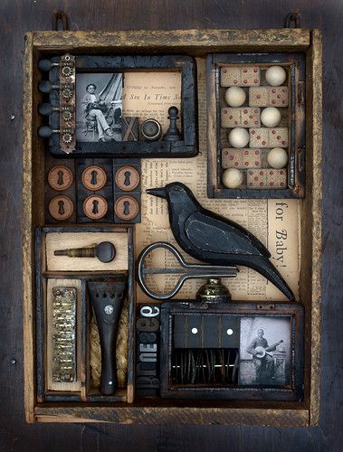 Assemblage Box Art, Steampunk Assemblage Art, Found Object Art Assemblages Mixed Media, Found Objects Art, Found Object Art Ideas, Halloween Diaroma, Found Object Art Assemblages, Assemblage Art Found Object, Joseph Cornell Boxes