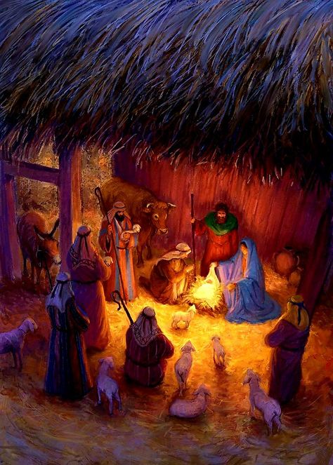 Nativity Scene of Mary, Joseph, baby Jesus and Shepherds with their sheep in the first gift of Christmas Christ Centered Christmas Traditions, Jesus In The Manger, Christ Centered Christmas, Jesus Mary And Joseph, Nativity Scenes, The Nativity, Jesus Painting, Christmas Jesus, Christmas Nativity Scene